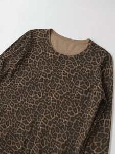 Close-up of leopard print knitted top showing fine ribbed crew neck and fabric texture