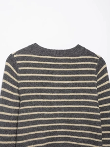 Detailed view of the striped pattern and ribbed neckline on the grey knit cardigan