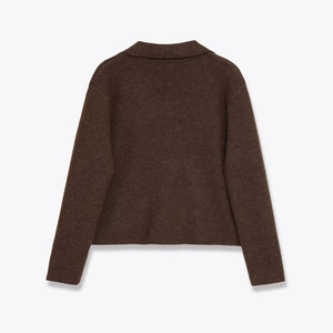 Dark brown long-sleeved knit sweater with collar shown from a rear view on white background
