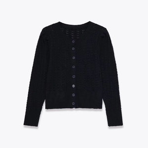 Women's black alpaca wool knitted cardigan with round neck and elegant button closure