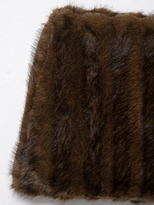 Close-up of the plush brown faux fur texture and soft fiber details on the jacket