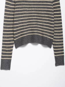 Close-up of the striped knit cardigan hem and cuffs with soft wool blend texture