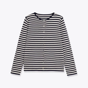 Cardigan en Tricot Rayé pour Femme Col Rond Manches Longues Pull à Boutons Décontracté Bleu Marine Blanc