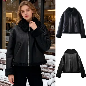 Women Winter Faux Fur Aviator Jacket Thickened Sherpa Lined Suede Coat Oversized Lapel Zipper Outerwear Solid Color Warm Flying Jacket