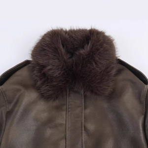 Women's faux suede jacket in dark brown featuring a detachable faux fur collar and zipper