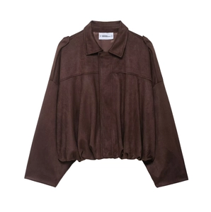 Blouson aviateur femme marron foncé en suédine avec col à revers et ourlet élastique