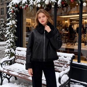 Women black faux leather aviator jacket with thick fleece lining for winter warmth