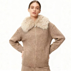 Women's Faux Fur Collar Knit Jacket Loose Zip Up Cardigan Long Sleeve Coat Solid Color Autumn Winter Outerwear
