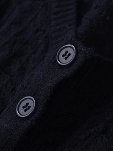 Close-up of navy blue cable knit cardigan with fuzzy texture and round button detail