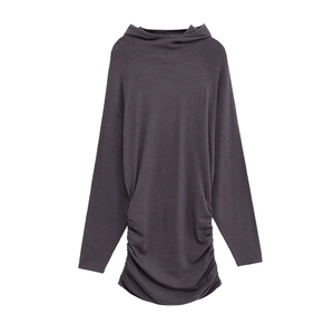 Women's Casual Hooded Long Sleeve Knit Maxi Dress Slim Fit Ruched Solid Color Street Style Polyester Dress