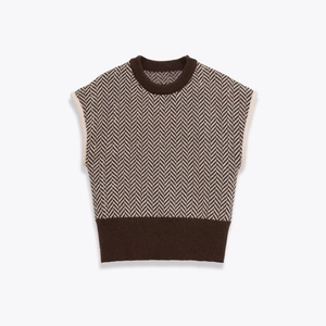 Vintage Women Herringbone Knit Vest Round Neck Sleeveless Pullover Sweater British Style Casual Autumn Winter Knitwear