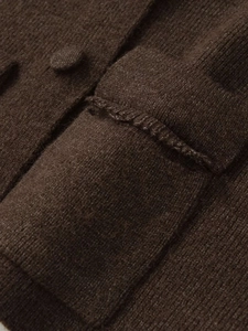 Detailed close-up of dark brown knit cardigan texture with matching buttons and pocket
