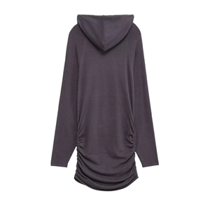 Slim fit dark grey hooded long sleeve knitted dress with ruched detail back view