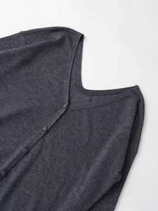 Détail du col en V et des boutons en tissu assortis sur un cardigan en maille gris foncé