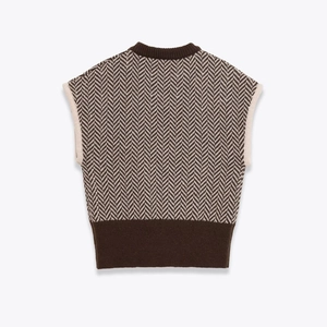 Vintage herringbone knit vest top with contrast round neck and ribbed hem for women