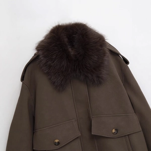 Dark brown utility jacket featuring a plush faux fur collar and large flap pockets