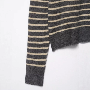 Classic striped crewneck long sleeve knit cardigan in dark gray and off-white colors
