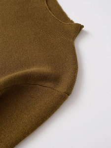 Detail of rib-knit texture and stitching on an olive green slim-fit bow knit sweater