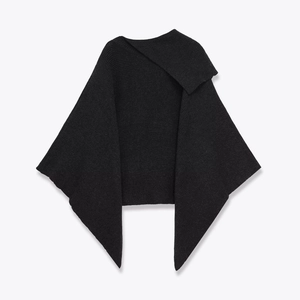 Elegant black ribbed knit asymmetric poncho wrap with a stylish draped pointed hem