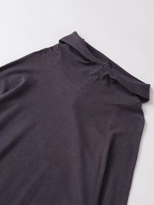 Detail view of dark grey knitted dress featuring raglan sleeves and high neck design