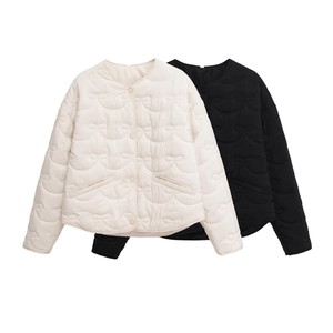 Quilted bow jacket in beige and black, round neck cropped outerwear with single-breasted design