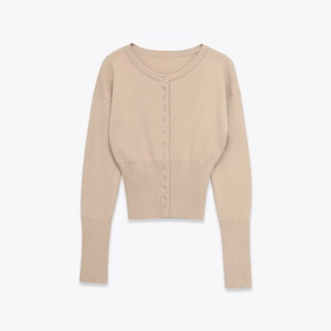 Damen Retro Slim Fit Kurz Strickjacke Rundhals Einreihig Haferflocken Beige Langarm Pullover Top Für Herbst Alltag