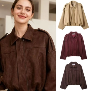 Blouson Bomber en Imitation Daim pour Femmes Revers Manches Longues Manteau Court Retro Décontracté Avec Épaulettes Vintage Coupe Large Veste