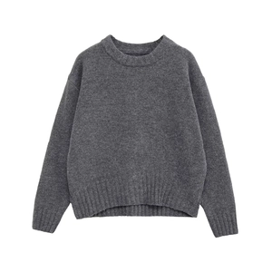 Women's loose dark grey ribbed knit sweater with crew neck and long sleeves on white background