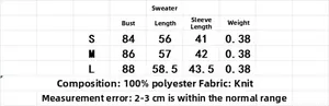 Size chart for vintage jacquard short sleeve knit sweater with detailed measurements
