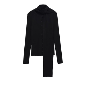 Women's black rib-knit cardigan with round neck and matching long scarf accessory