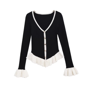 Cardigan Chic en Tricot à Côtes pour Femmes Couleur Contrastée à Volants Col en V Manches Longues Gilet Boutonné