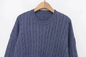 Close-up of dark blue cable-knit sweater detail showing textured wool stitching and crew neck