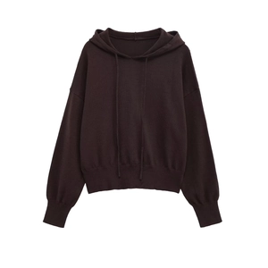 Women's Casual Knit Hoodie Solid Color Long Sleeve Drawstring Hooded Sweatshirt Ribbed Trim Loose Pullover Top