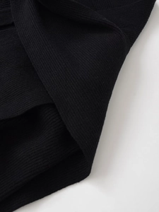 Close-up of premium black ribbed knit fabric texture with vertical striped pattern