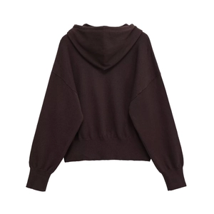 Solid dark brown knitted hoodie featuring a dropped shoulder design and oversized hood