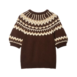 Retro brown jacquard knit sweater with short sleeves and Fair Isle pattern neck detail