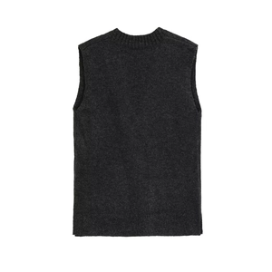 Minimalist loose dark grey V-neck knit vest in premium wool blend with ribbed trim details