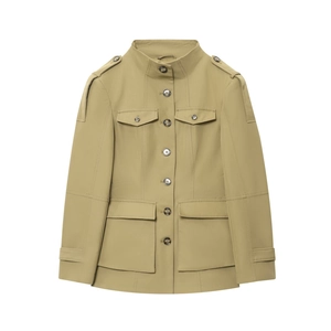 Damen Militärstil Khaki Field Jacket Mit Taschen Epauletten Einreihig Stehkragen Langarm Lässige Oberbekleidung Top