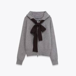Women's Casual Knit Hooded Cardigan Zip Up Jacket With Large Bow Neckline Long Sleeve Slim Fit Soft Polyester Knitwear Sweater