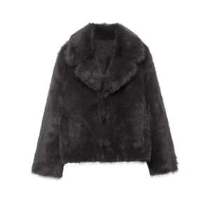 Women's black faux fur jacket with oversized collar and thick plush winter texture