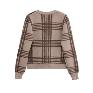 Classic brown plaid knit sweater with round neck and ribbed trims on white background