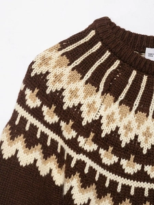 Macro detail of retro jacquard knit sweater featuring thick fair isle pattern and crew neck
