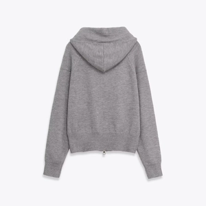 Back view of grey knitted hoodie cardigan with drop shoulder design and ribbed cuffs