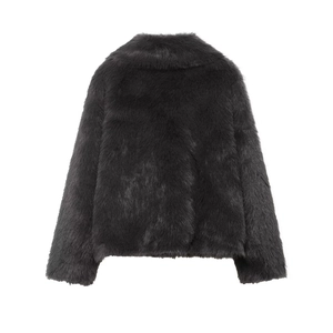 Close-up back view of dark grey faux fur jacket showing rich texture and fluffy collar