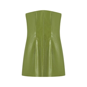 Chique olijfgroene strapless mini-jurk van imitatieleer met gladde matte afwerking