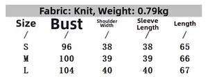 Size chart for women off-the-shoulder knit sweater with fabric details and measurements
