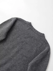 Close-up detail of grey crewneck knit sweater showing soft wool texture and ribbed neckline