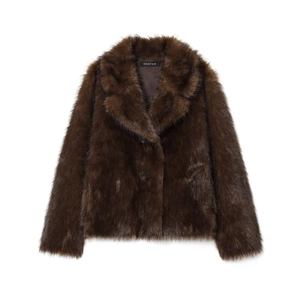 Women's dark brown faux fur jacket with oversized collar and button closure