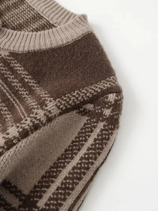 Close-up of ribbed crew neck and soft geometric textured knit in brown and beige