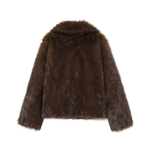 Rear view of short faux fur jacket in dark brown with thick texture and natural sheen